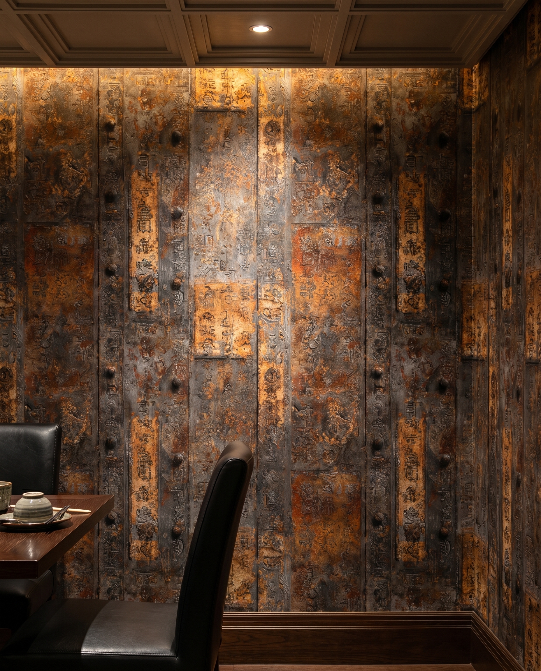 Ancient Script on Rusted Metal Plate Wallpaper, Industrial Brown and Grey Faux Effect Wall Mural, Removable Peel and Stick for an Accent Wall