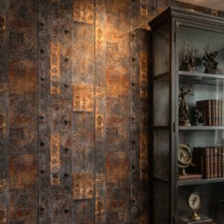 Ancient Script on Rusted Metal Plate Wallpaper, Industrial Brown and Grey Faux Effect Wall Mural, Removable Peel and Stick for an Accent Wall