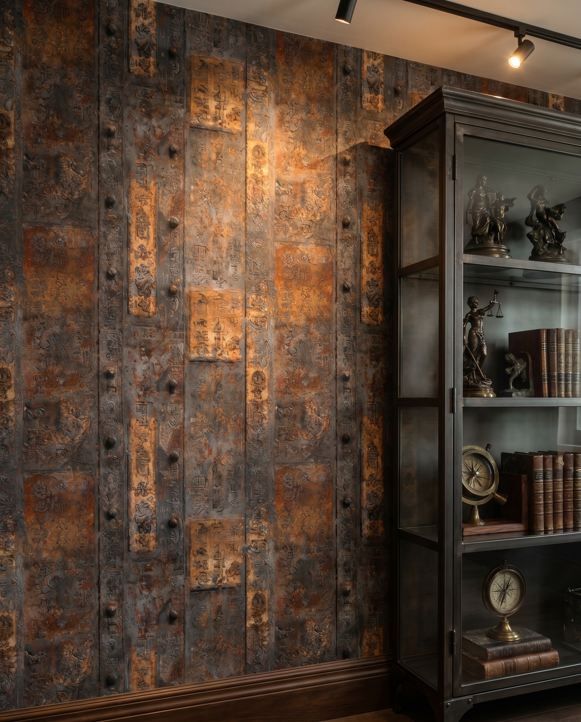 Ancient Script on Rusted Metal Plate Wallpaper, Industrial Brown and Grey Faux Effect Wall Mural, Removable Peel and Stick for an Accent Wall