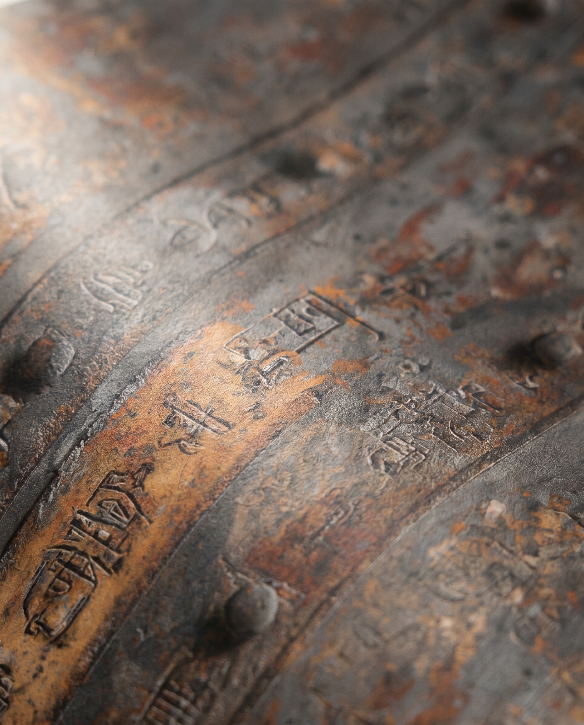 Ancient Script on Rusted Metal Plate Wallpaper, Industrial Brown and Grey Faux Effect Wall Mural, Removable Peel and Stick for an Accent Wall