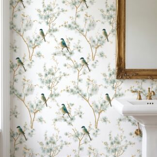 Chinoiserie Bird and Blossom Wallpaper in Blue and Gold, Removable Peel and Stick Wallpaper, Elegant Floral Wall Mural for a Bedroom Accent Wall