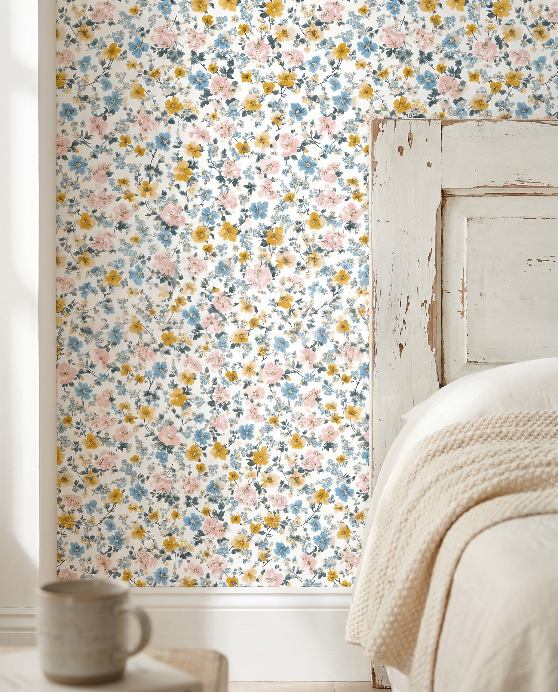 Vintage Wildflower Wallpaper in Blue, Yellow, and Pink, Removable Peel and Stick Wallpaper for a Cheerful Nursery or Bedroom Accent Wall