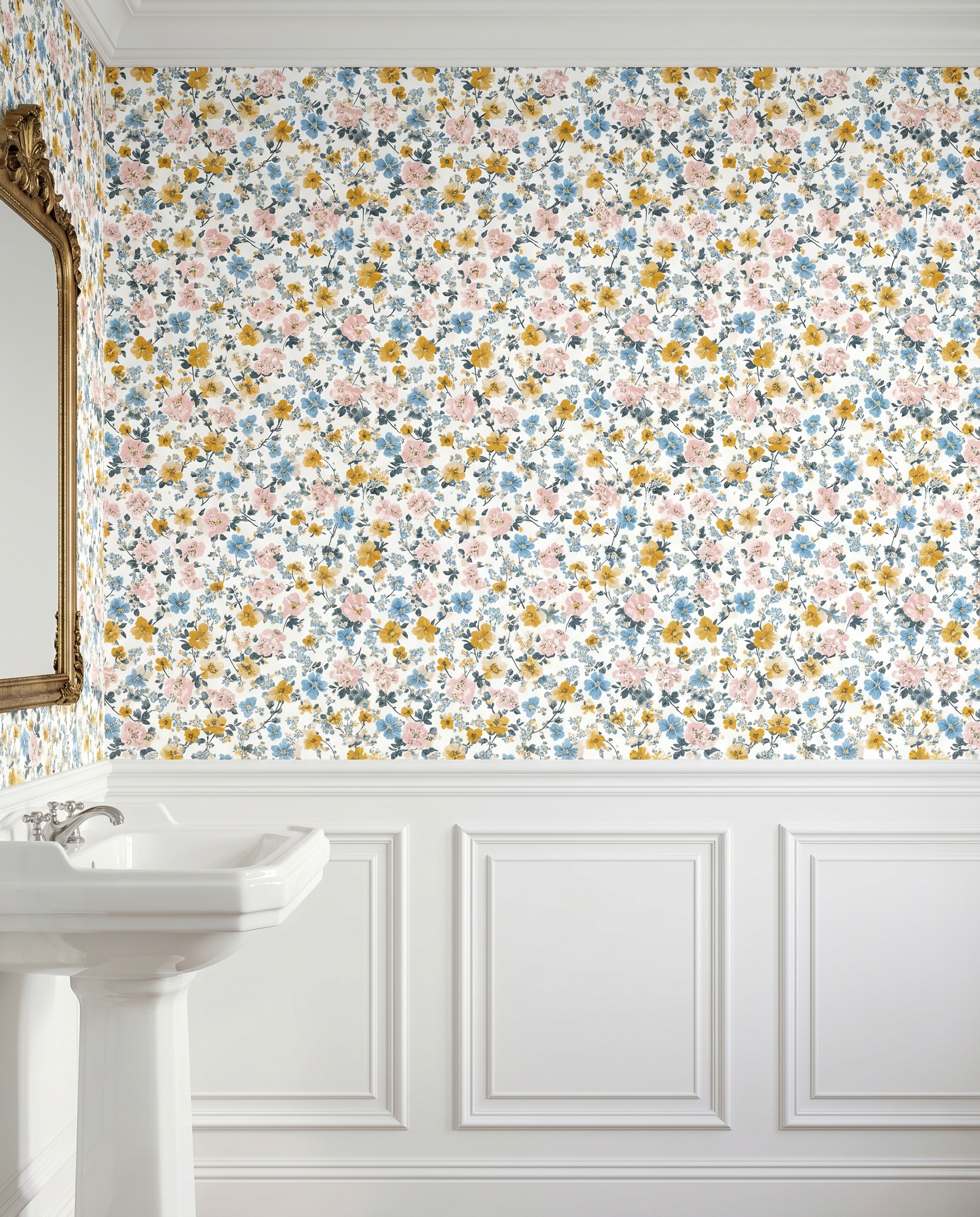 Vintage Wildflower Wallpaper in Blue, Yellow, and Pink, Removable Peel and Stick Wallpaper for a Cheerful Nursery or Bedroom Accent Wall