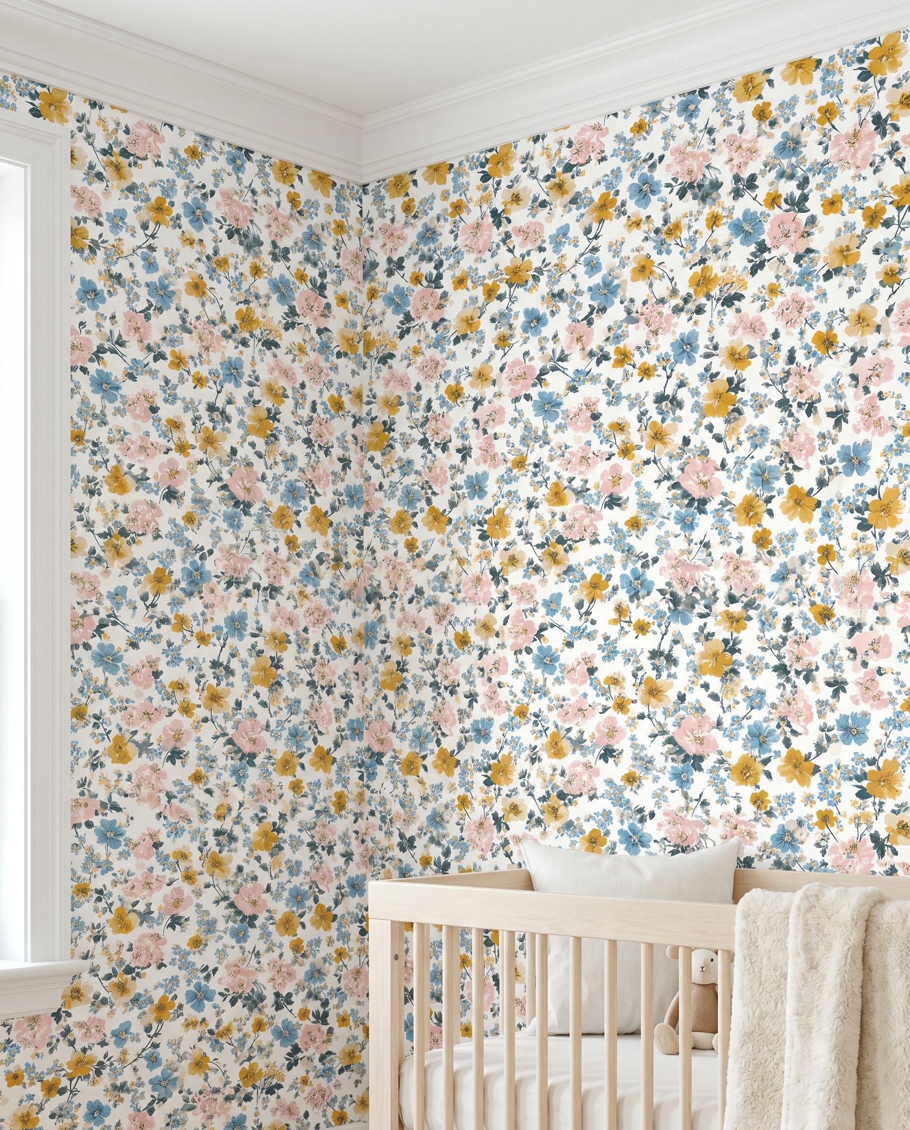 Vintage Wildflower Wallpaper in Blue, Yellow, and Pink, Removable Peel and Stick Wallpaper for a Cheerful Nursery or Bedroom Accent Wall