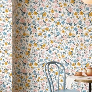 Vintage Wildflower Wallpaper in Blue, Yellow, and Pink, Removable Peel and Stick Wallpaper for a Cheerful Nursery or Bedroom Accent Wall