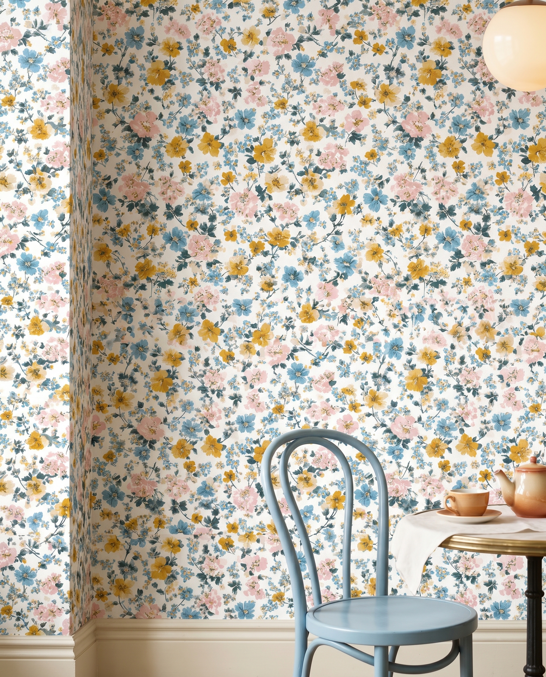 Vintage Wildflower Wallpaper in Blue, Yellow, and Pink, Removable Peel and Stick Wallpaper for a Cheerful Nursery or Bedroom Accent Wall