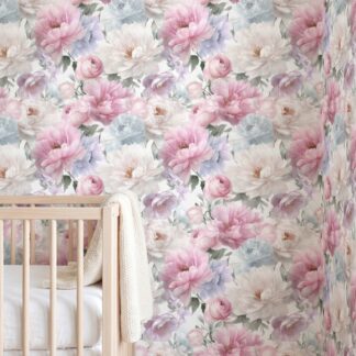 Pastel Peony and Rose Wallpaper, Romantic Floral Wall Mural in Pink and Blue, Removable Peel and Stick Wallpaper for Bedroom Accent Wall