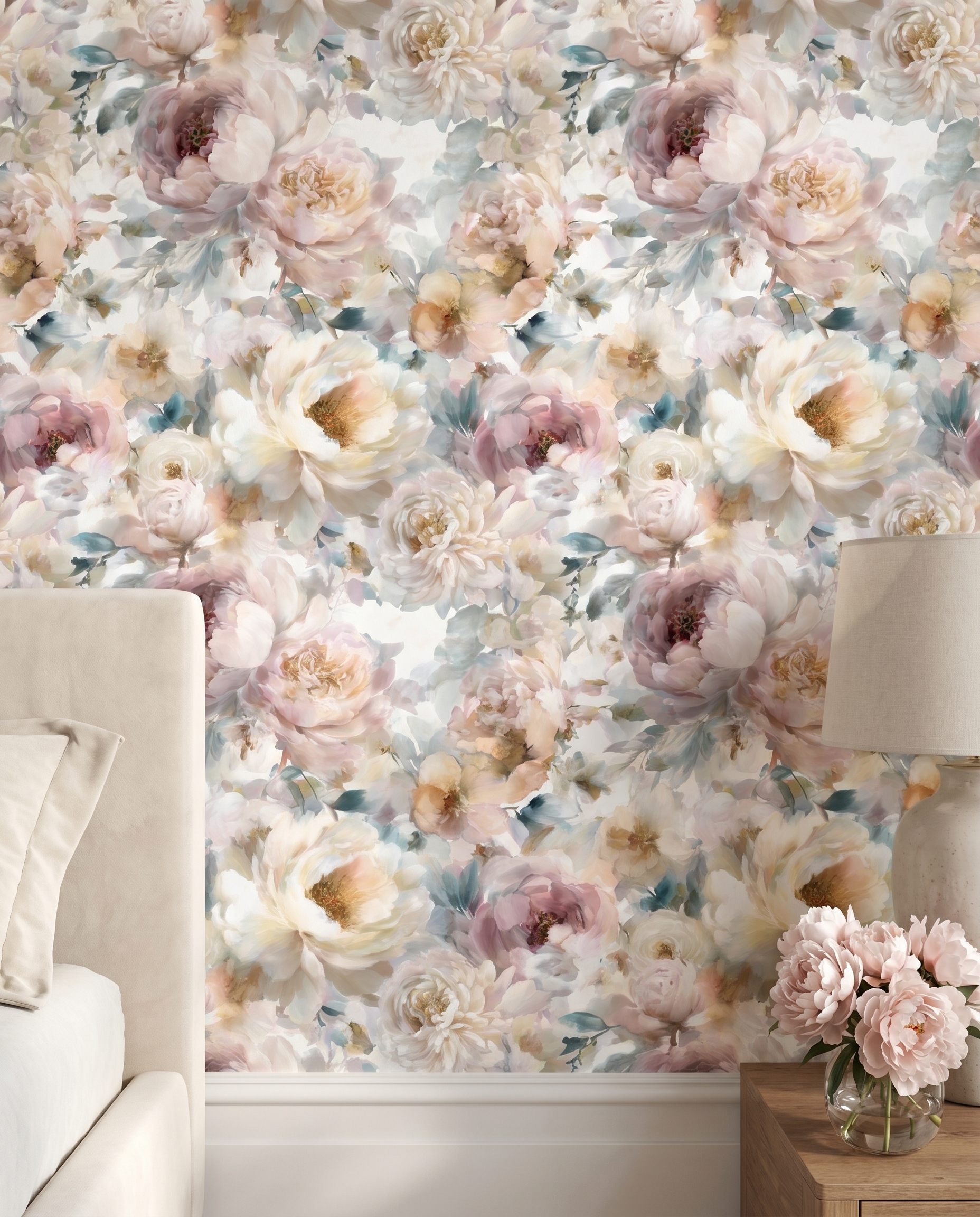 Vintage Peony Wall Mural, Soft Blush Pink Floral Wallpaper, Peel and Stick Removable Wallpaper for a Romantic Bedroom Accent Wall
