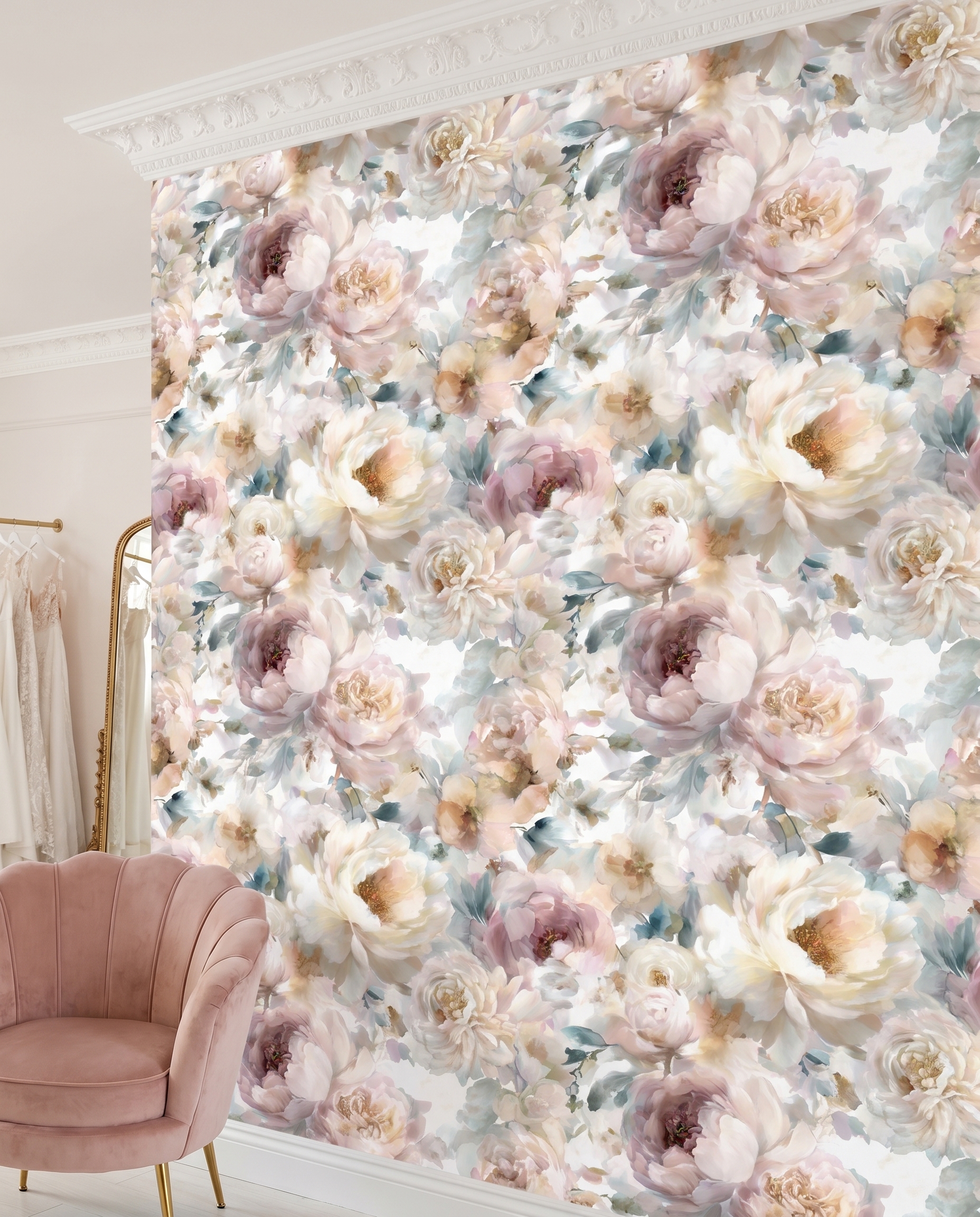 Vintage Peony Wall Mural, Soft Blush Pink Floral Wallpaper, Peel and Stick Removable Wallpaper for a Romantic Bedroom Accent Wall