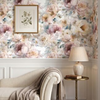 Vintage Peony Wall Mural, Soft Blush Pink Floral Wallpaper, Peel and Stick Removable Wallpaper for a Romantic Bedroom Accent Wall