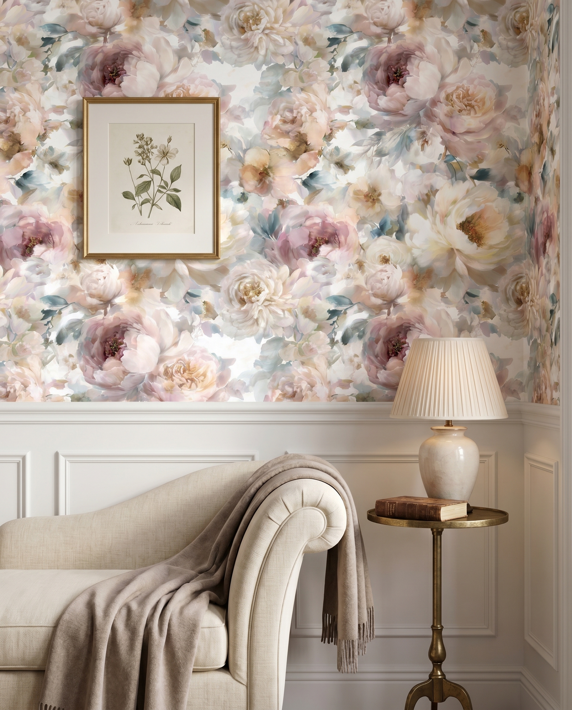 Vintage Peony Wall Mural, Soft Blush Pink Floral Wallpaper, Peel and Stick Removable Wallpaper for a Romantic Bedroom Accent Wall