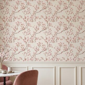 Cherry Blossom Chinoiserie Wallpaper in Soft Pink, Japanese Floral Peel and Stick Wallpaper, Removable Wall Mural for Bedroom Accent Wall