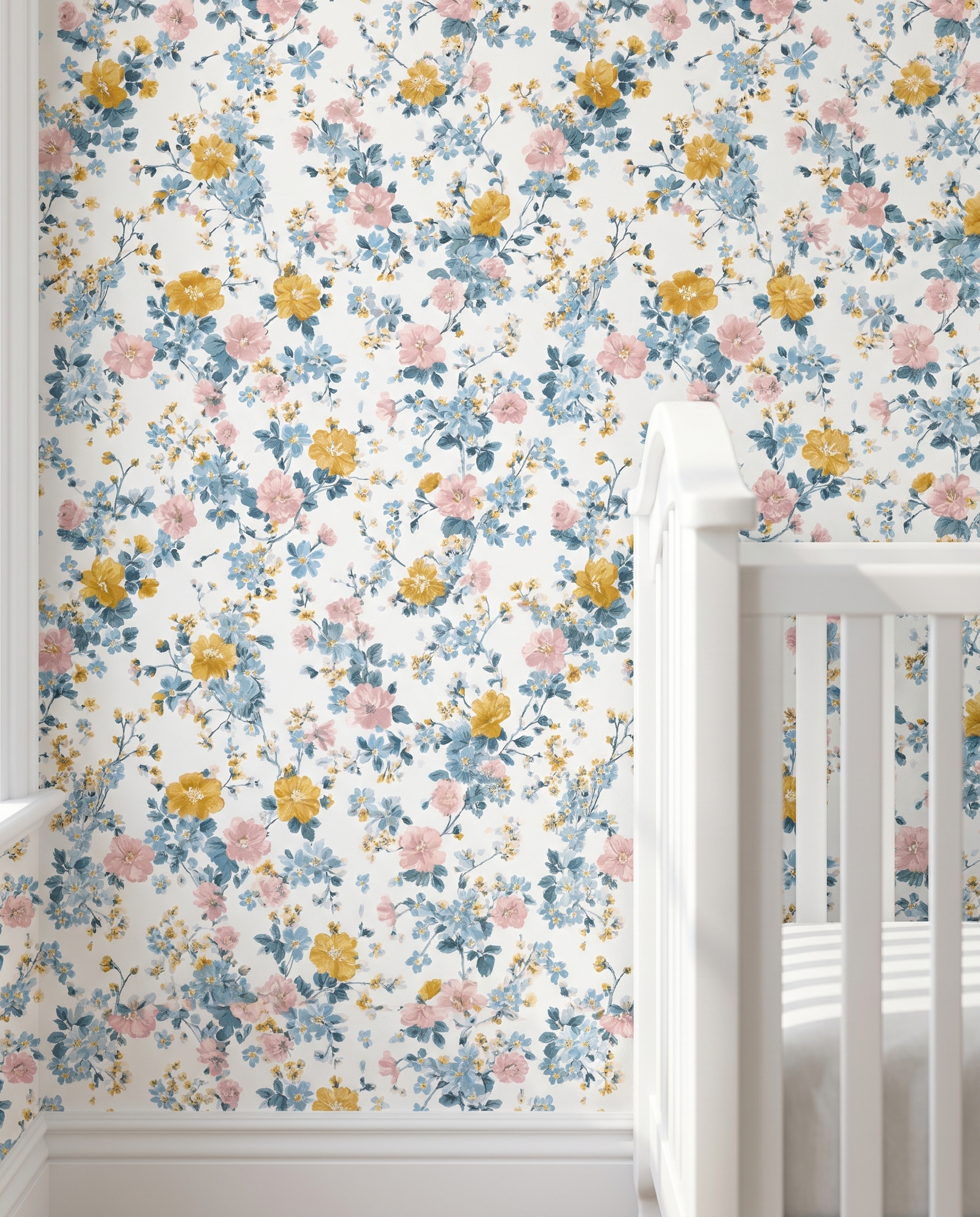 Vintage Ditsy Floral Wallpaper in Pink, Blue and Yellow, Removable Peel and Stick Wallpaper for Nursery or Bedroom Accent Wall