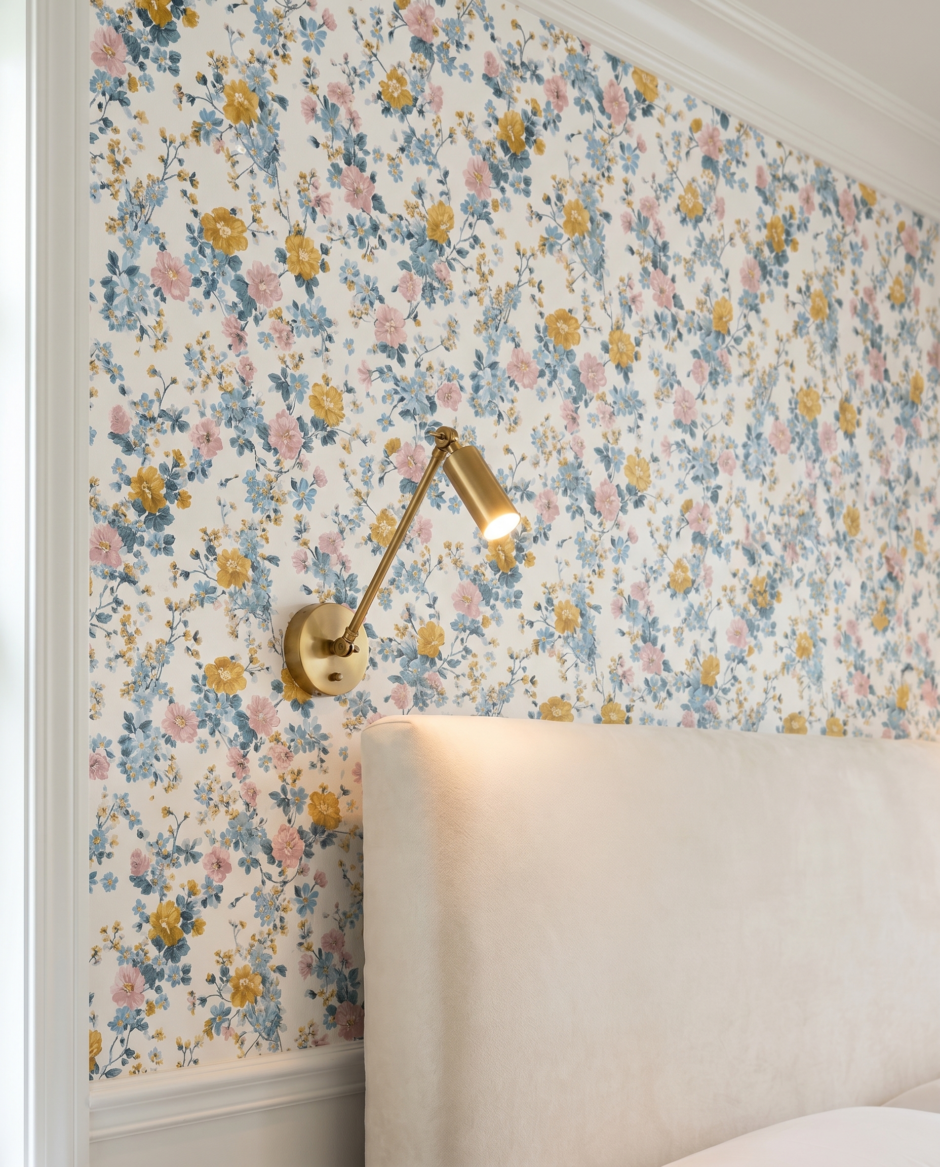 Vintage Ditsy Floral Wallpaper in Pink, Blue and Yellow, Removable Peel and Stick Wallpaper for Nursery or Bedroom Accent Wall