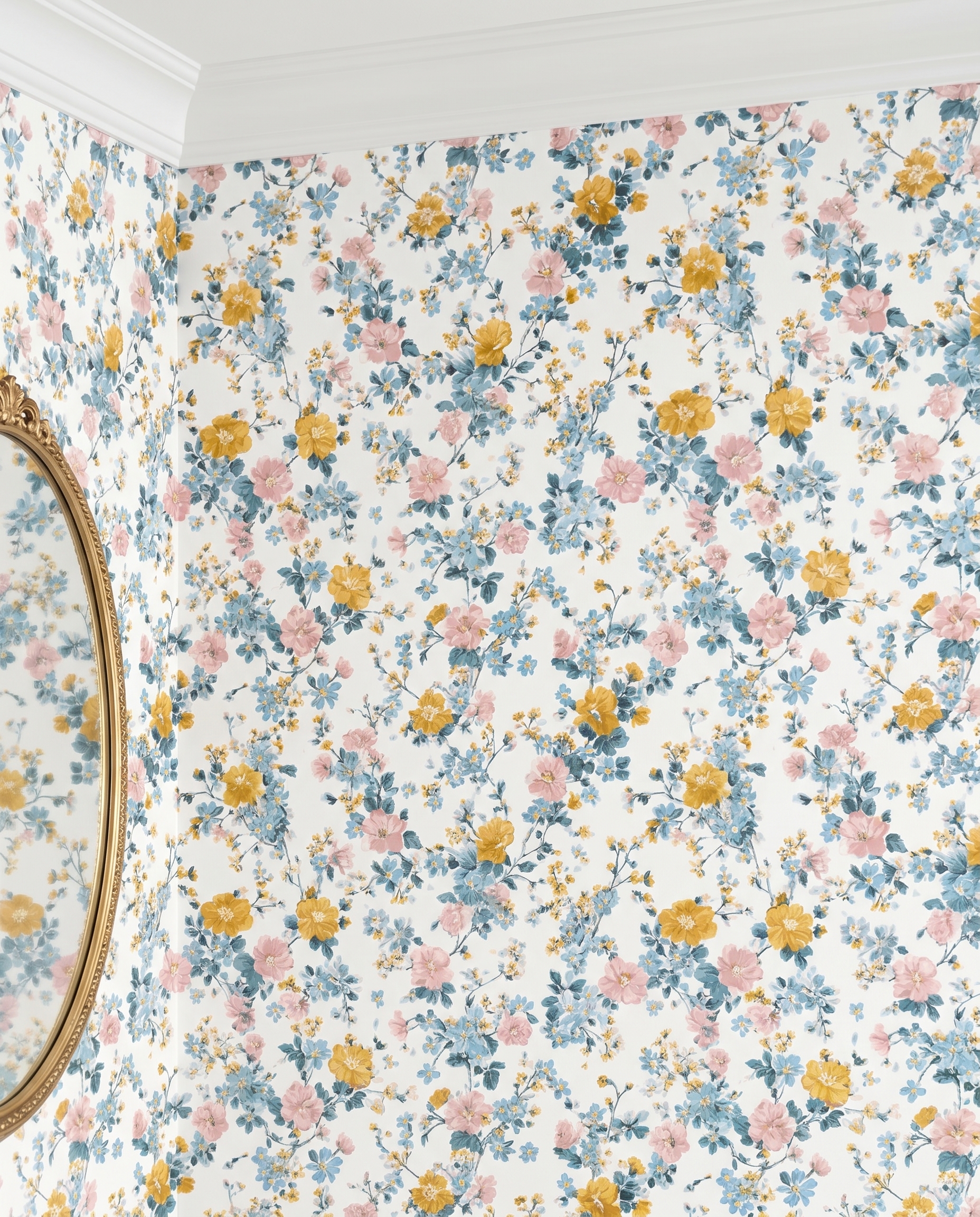 Vintage Ditsy Floral Wallpaper in Pink, Blue and Yellow, Removable Peel and Stick Wallpaper for Nursery or Bedroom Accent Wall