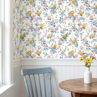 Vintage Ditsy Floral Wallpaper in Pink, Blue and Yellow, Removable Peel and Stick Wallpaper for Nursery or Bedroom Accent Wall