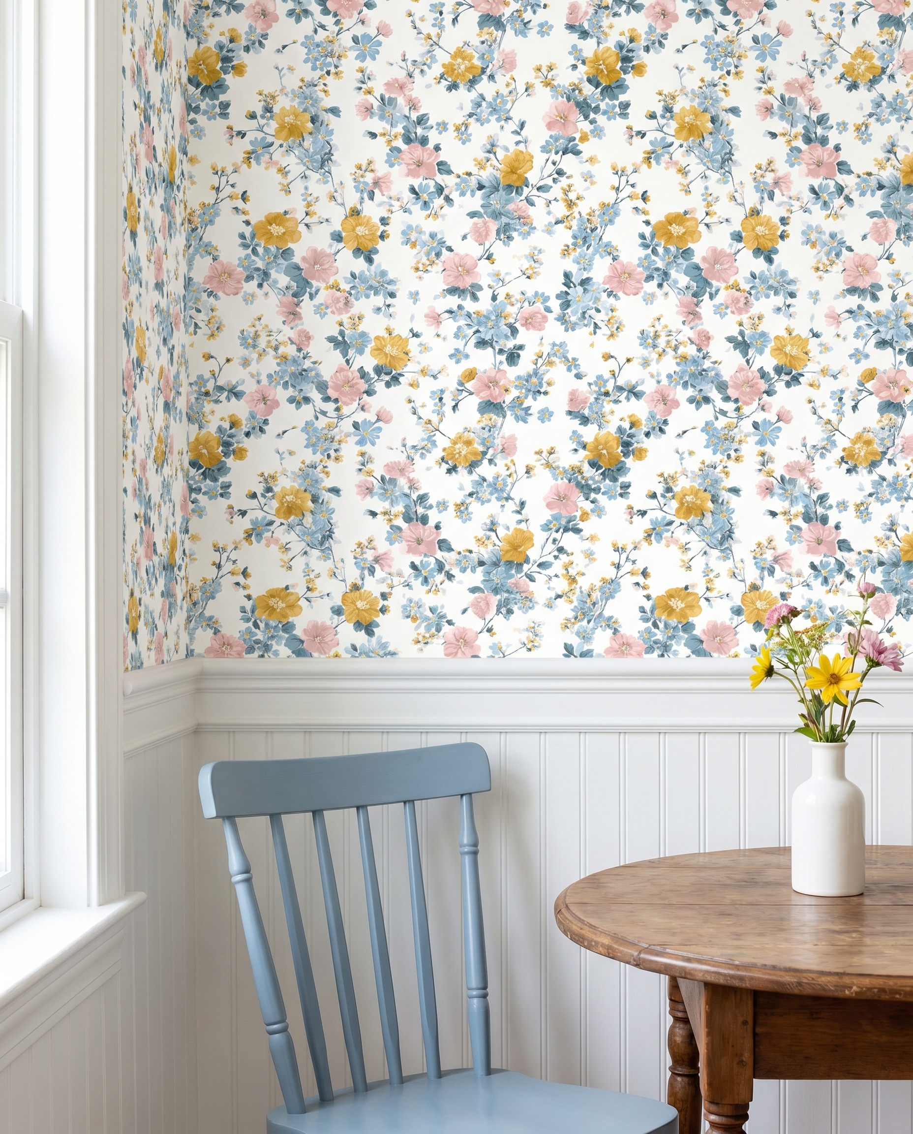 Vintage Ditsy Floral Wallpaper in Pink, Blue and Yellow, Removable Peel and Stick Wallpaper for Nursery or Bedroom Accent Wall