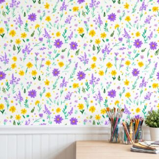 Wildflower Meadow Wallpaper in Purple and Yellow, Dainty Floral Peel and Stick Wallpaper for Nursery or Kids Room Accent Wall