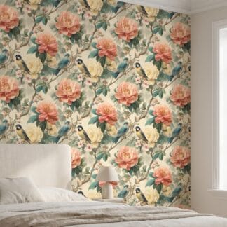 Chinoiserie Birds and Peonies Wallpaper in Pink and Yellow, Vintage Floral Peel and Stick Wallpaper, Removable Wall Mural for Bedroom Accent Wall