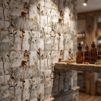 Pressed Botanical Herbarium Wallpaper, Rustic Dried Flowers on Distressed Tile, Removable Self Adhesive Wall Mural for Bedroom Accent Wall