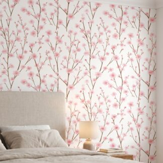 Cherry Blossom Chinoiserie Wallpaper in Soft Pink, Peel and Stick Wallpaper, Removable Wall Mural for a Serene Bedroom Accent Wall