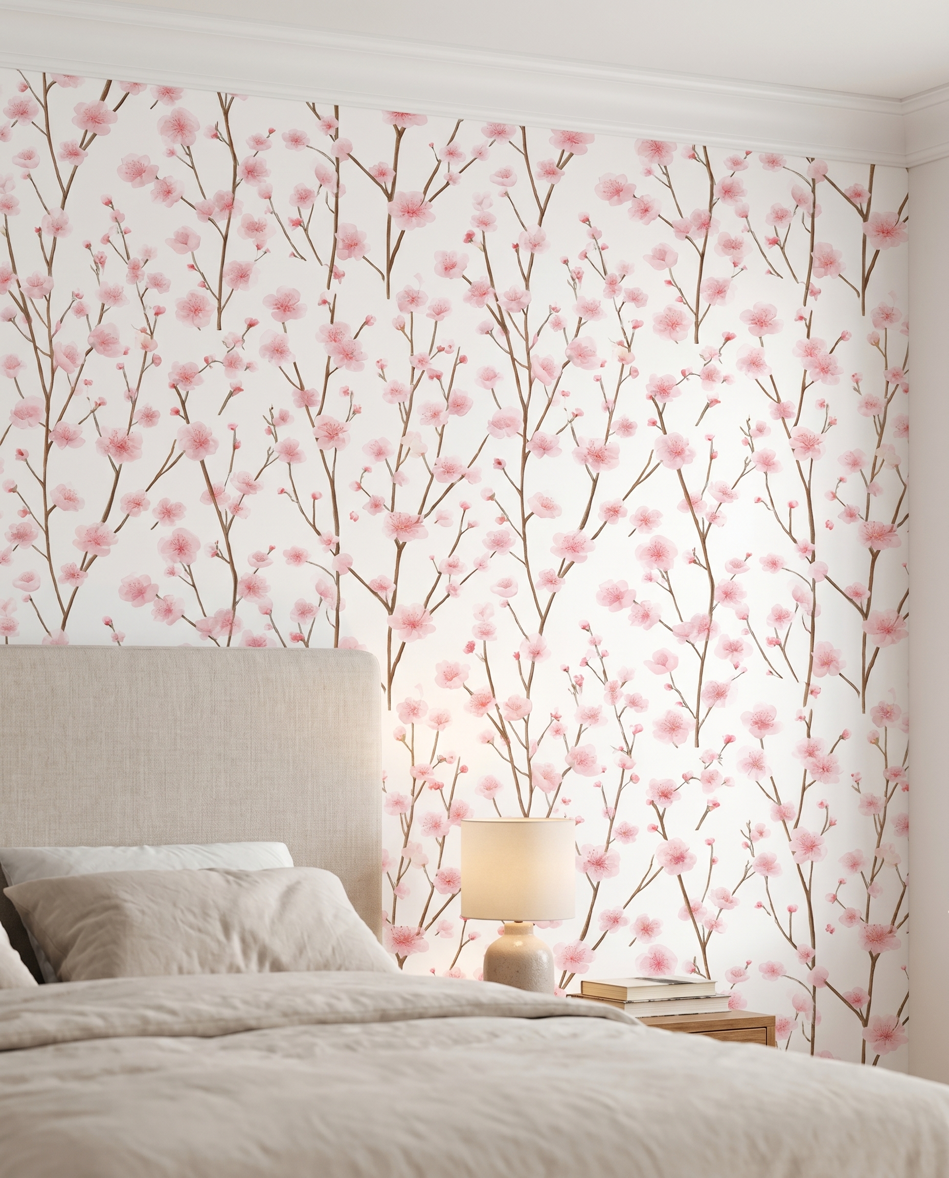 Cherry Blossom Chinoiserie Wallpaper in Soft Pink, Peel and Stick Wallpaper, Removable Wall Mural for a Serene Bedroom Accent Wall