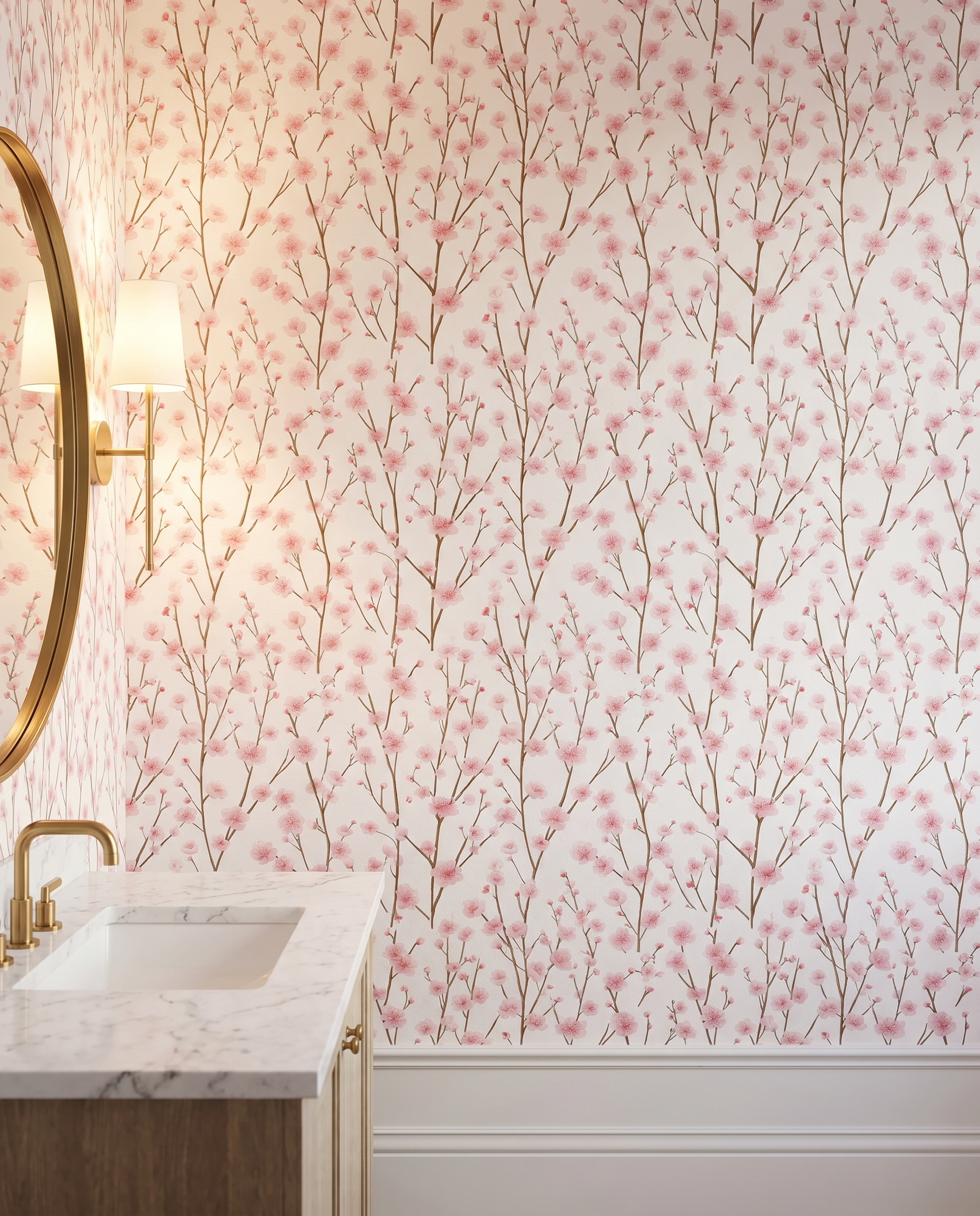 Cherry Blossom Chinoiserie Wallpaper in Soft Pink, Peel and Stick Wallpaper, Removable Wall Mural for a Serene Bedroom Accent Wall
