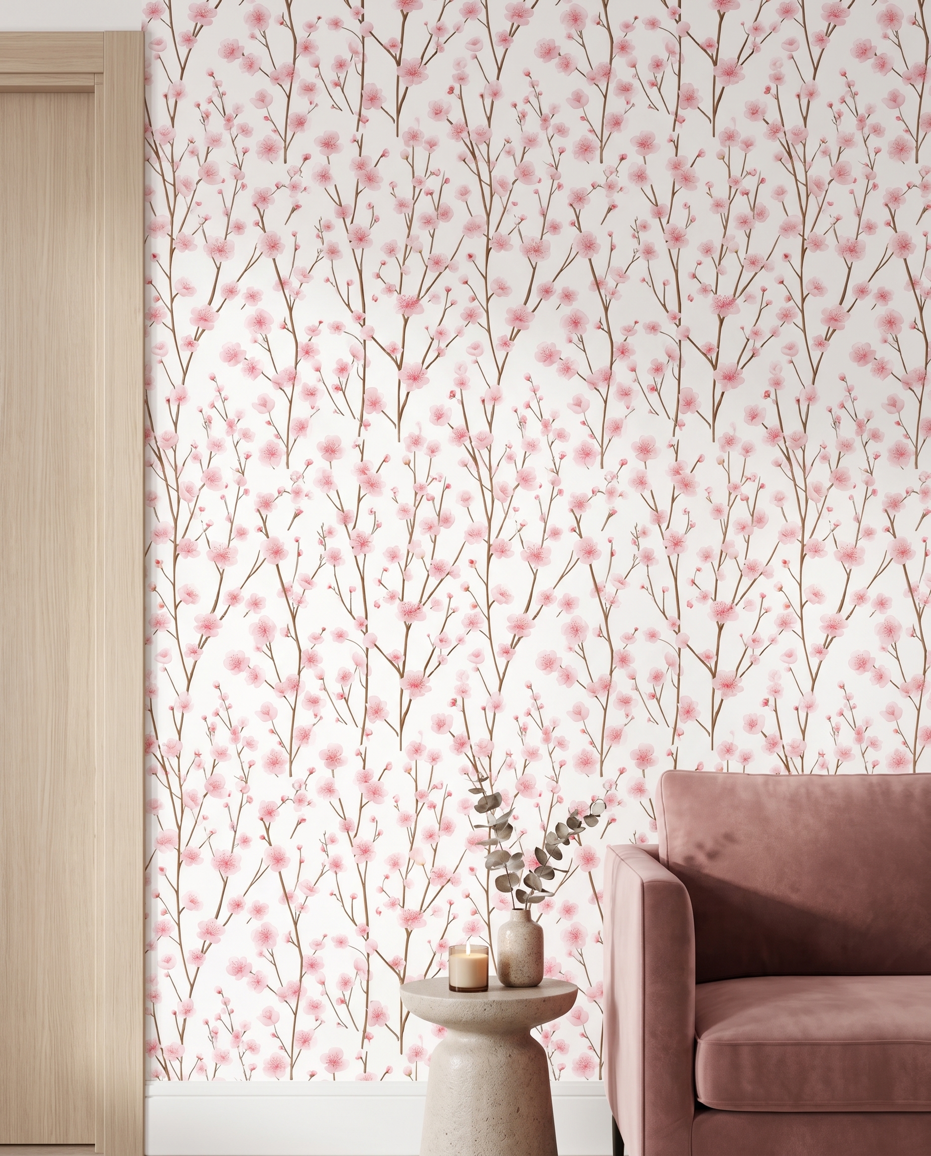 Cherry Blossom Chinoiserie Wallpaper in Soft Pink, Peel and Stick Wallpaper, Removable Wall Mural for a Serene Bedroom Accent Wall