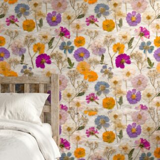 Pressed Flowers Botanical Wallpaper, Colorful Wildflower Design, Removable Peel and Stick Wallpaper for a Vintage Bedroom Accent Wall