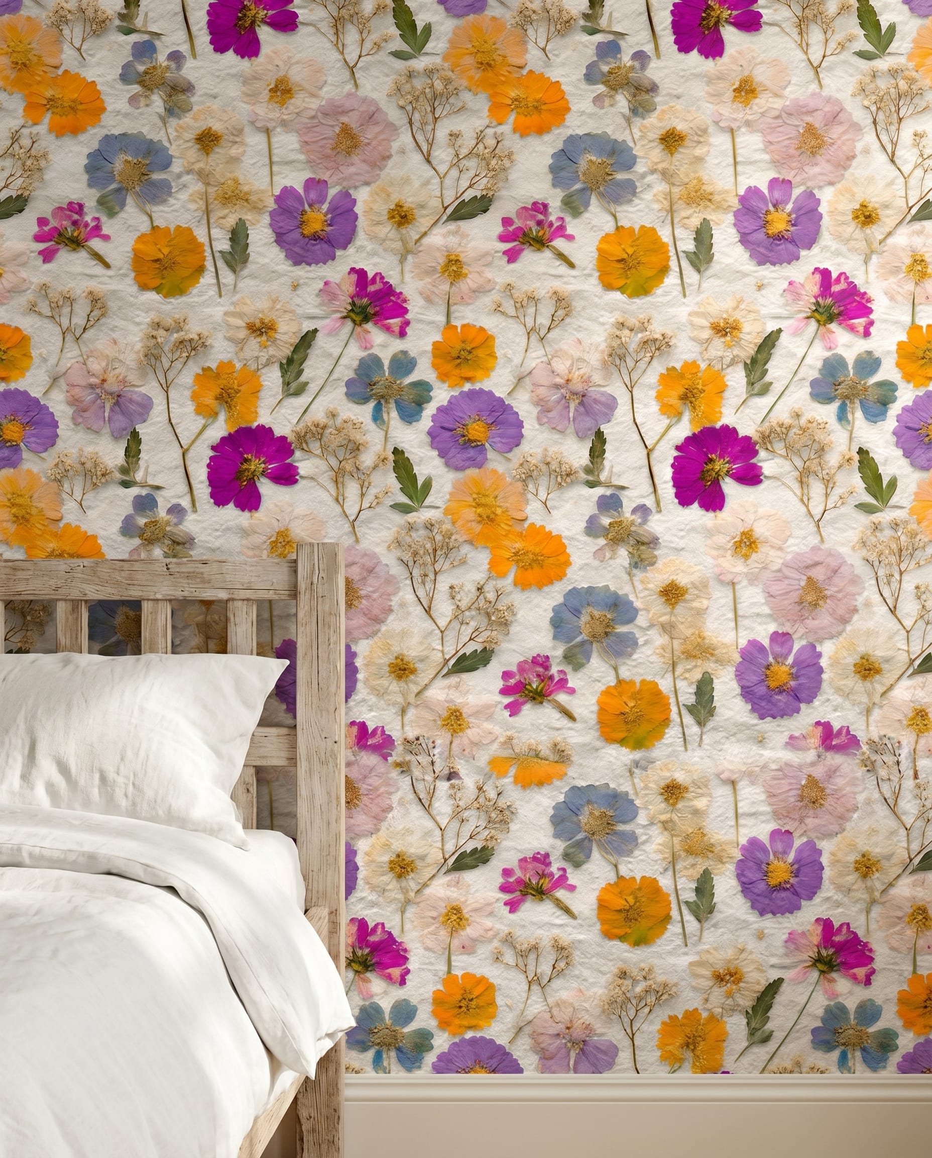 Pressed Flowers Botanical Wallpaper, Colorful Wildflower Design, Removable Peel and Stick Wallpaper for a Vintage Bedroom Accent Wall