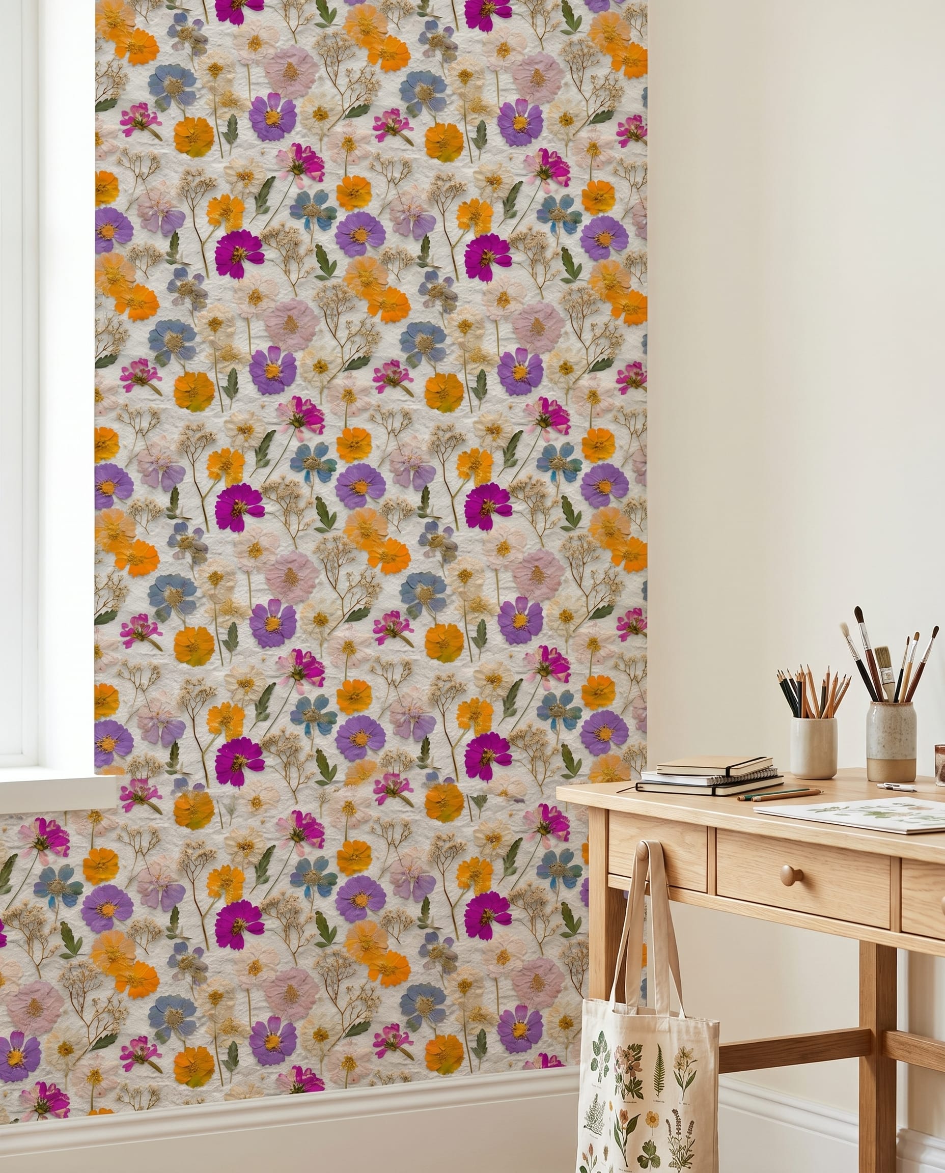 Pressed Flowers Botanical Wallpaper, Colorful Wildflower Design, Removable Peel and Stick Wallpaper for a Vintage Bedroom Accent Wall
