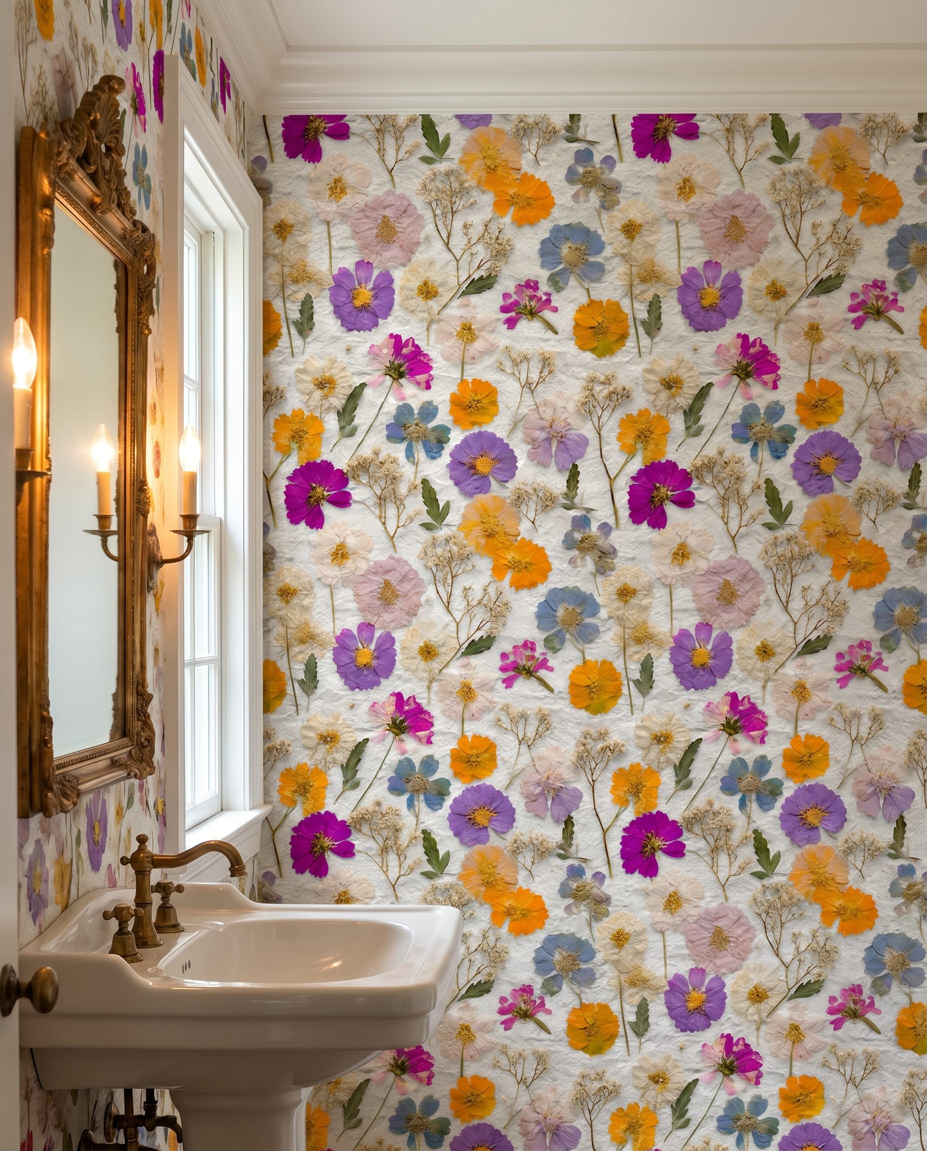 Pressed Flowers Botanical Wallpaper, Colorful Wildflower Design, Removable Peel and Stick Wallpaper for a Vintage Bedroom Accent Wall