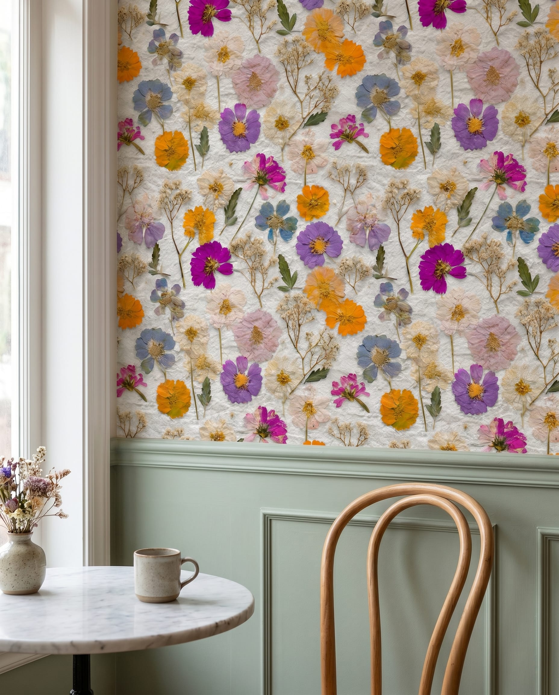 Pressed Flowers Botanical Wallpaper, Colorful Wildflower Design, Removable Peel and Stick Wallpaper for a Vintage Bedroom Accent Wall