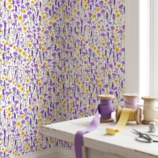 Purple Lavender and Yellow Wildflower Meadow Wallpaper, Botanical Peel and Stick Wallpaper, Removable Mural for Bedroom Accent Wall