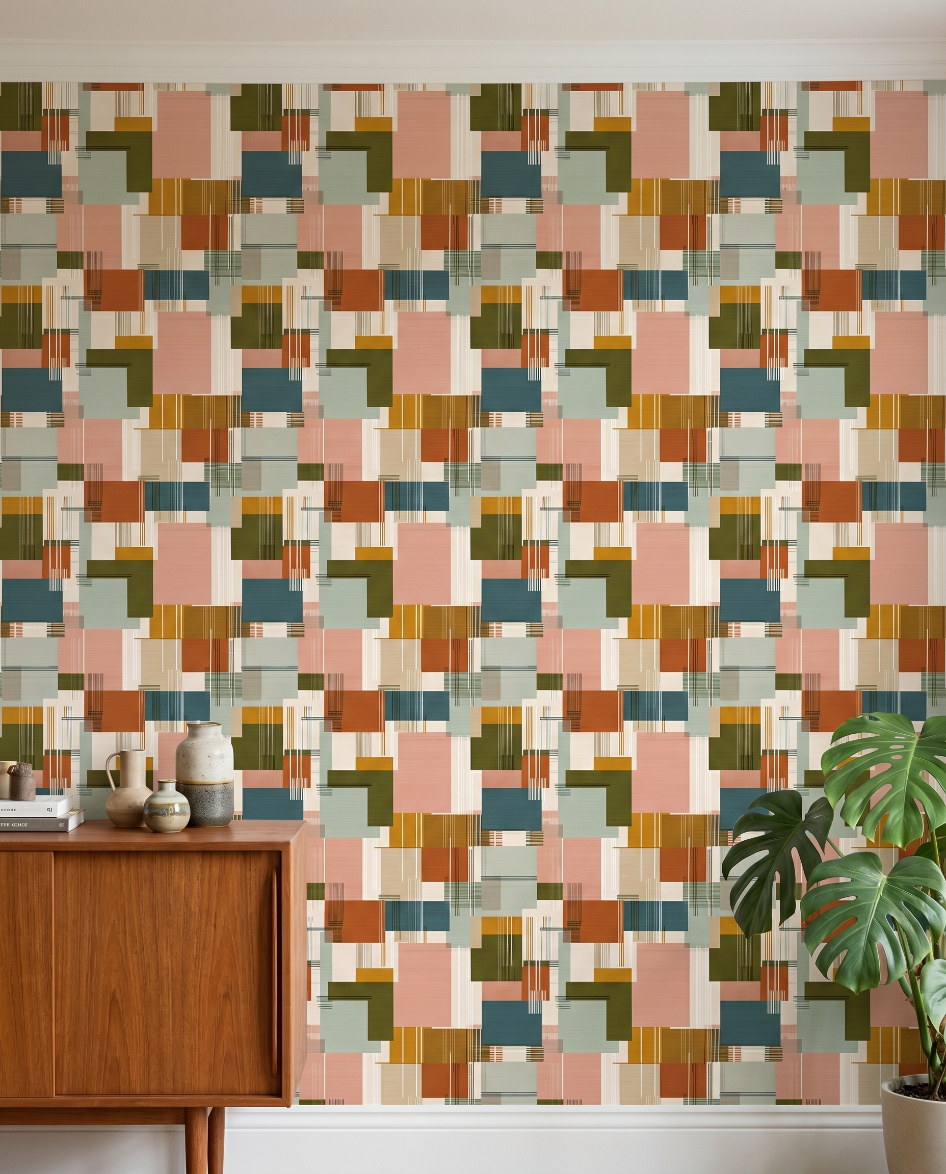 Mid-Century Geometric Patchwork Wallpaper in Earthy Tones, Abstract Color Block Wall Mural, Peel and Stick Wallpaper for a Modern Accent Wall