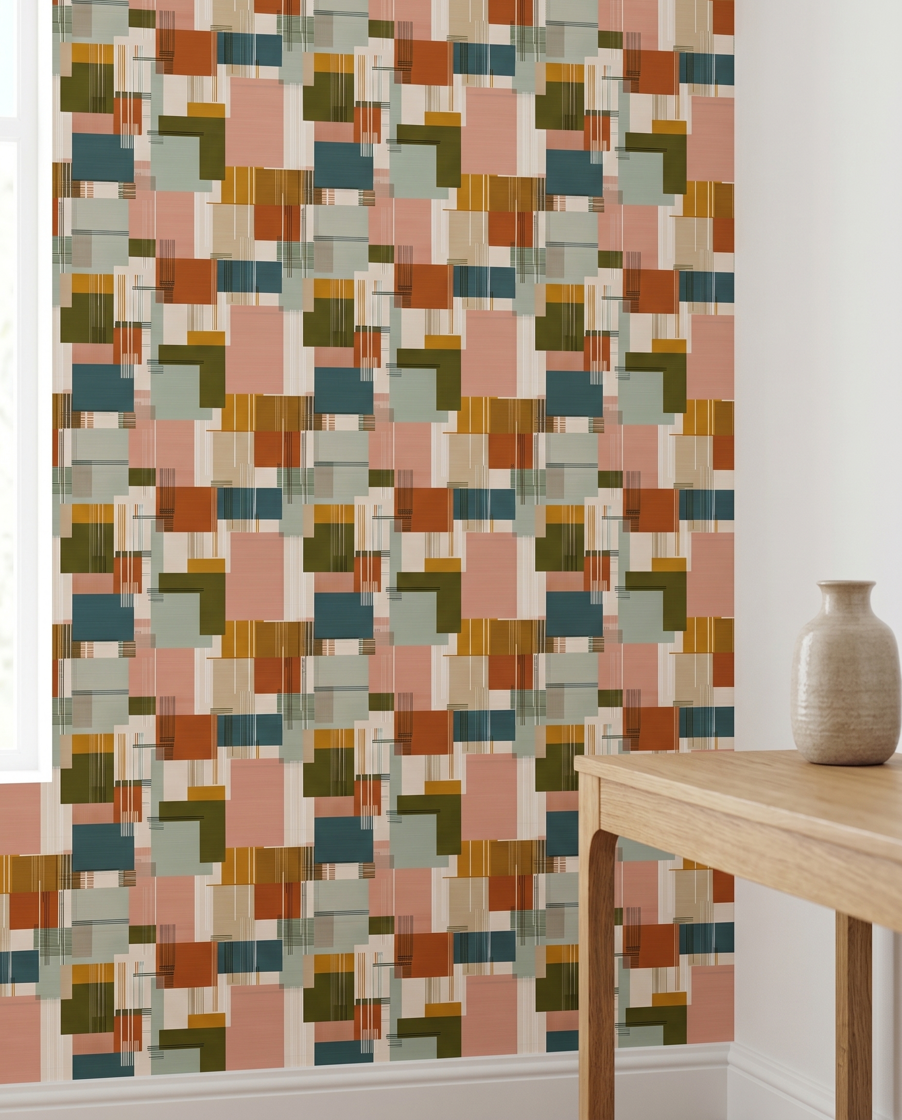 Mid-Century Geometric Patchwork Wallpaper in Earthy Tones, Abstract Color Block Wall Mural, Peel and Stick Wallpaper for a Modern Accent Wall