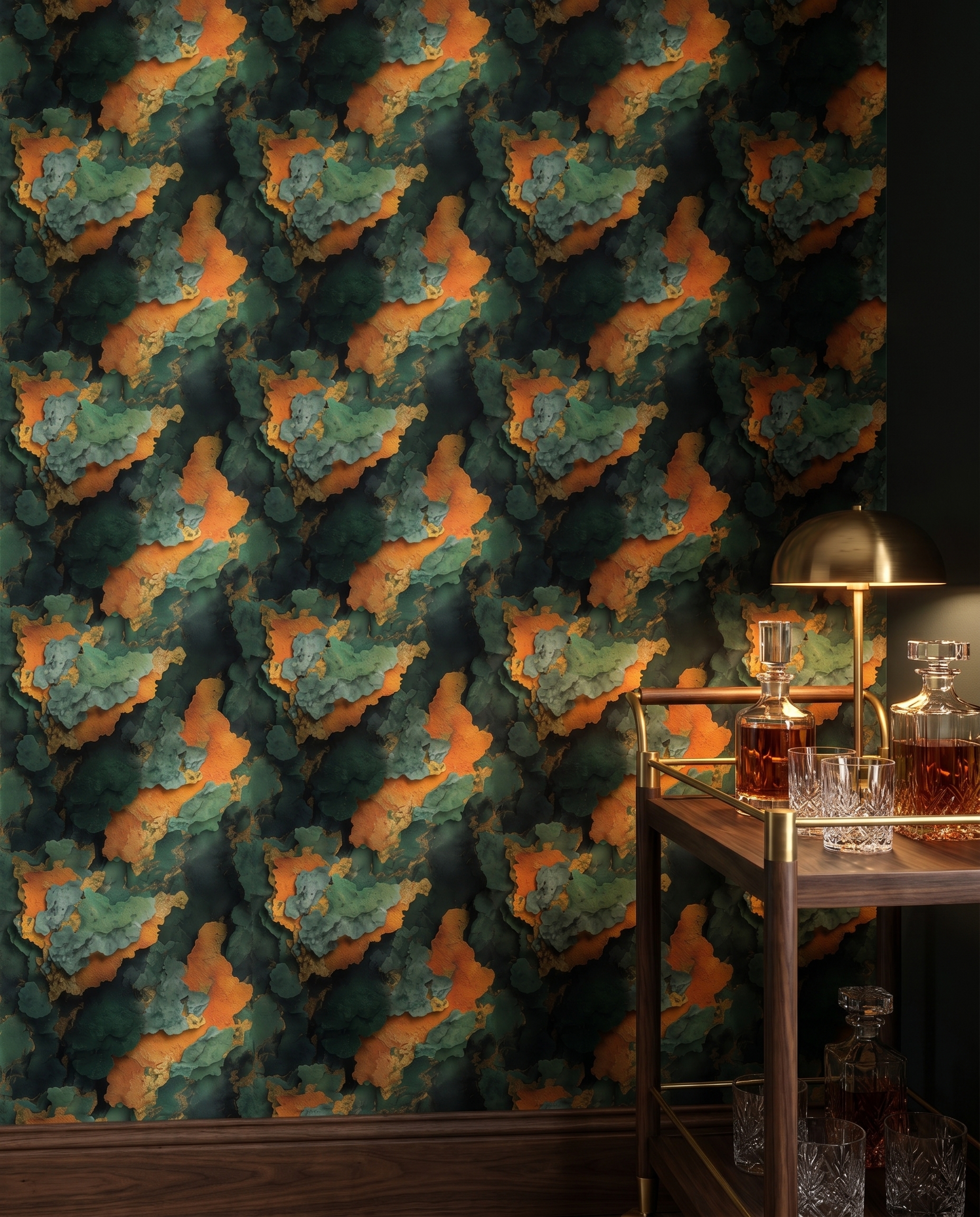 Abstract Textured Strata Wallpaper in Green and Gold, Contemporary Orange Wall Mural, Peel and Stick Wallpaper for a Dramatic Accent Wall