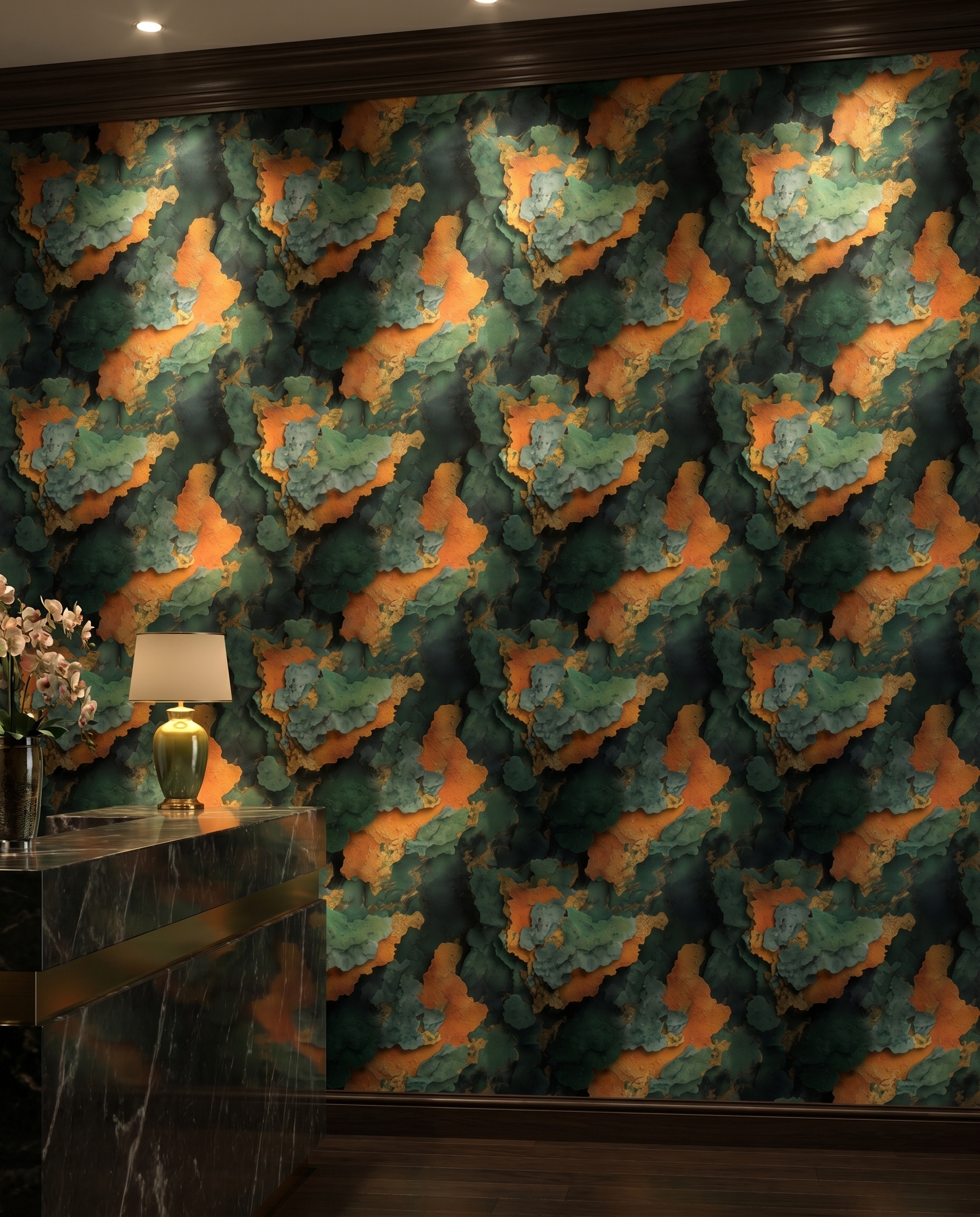 Abstract Textured Strata Wallpaper in Green and Gold, Contemporary Orange Wall Mural, Peel and Stick Wallpaper for a Dramatic Accent Wall