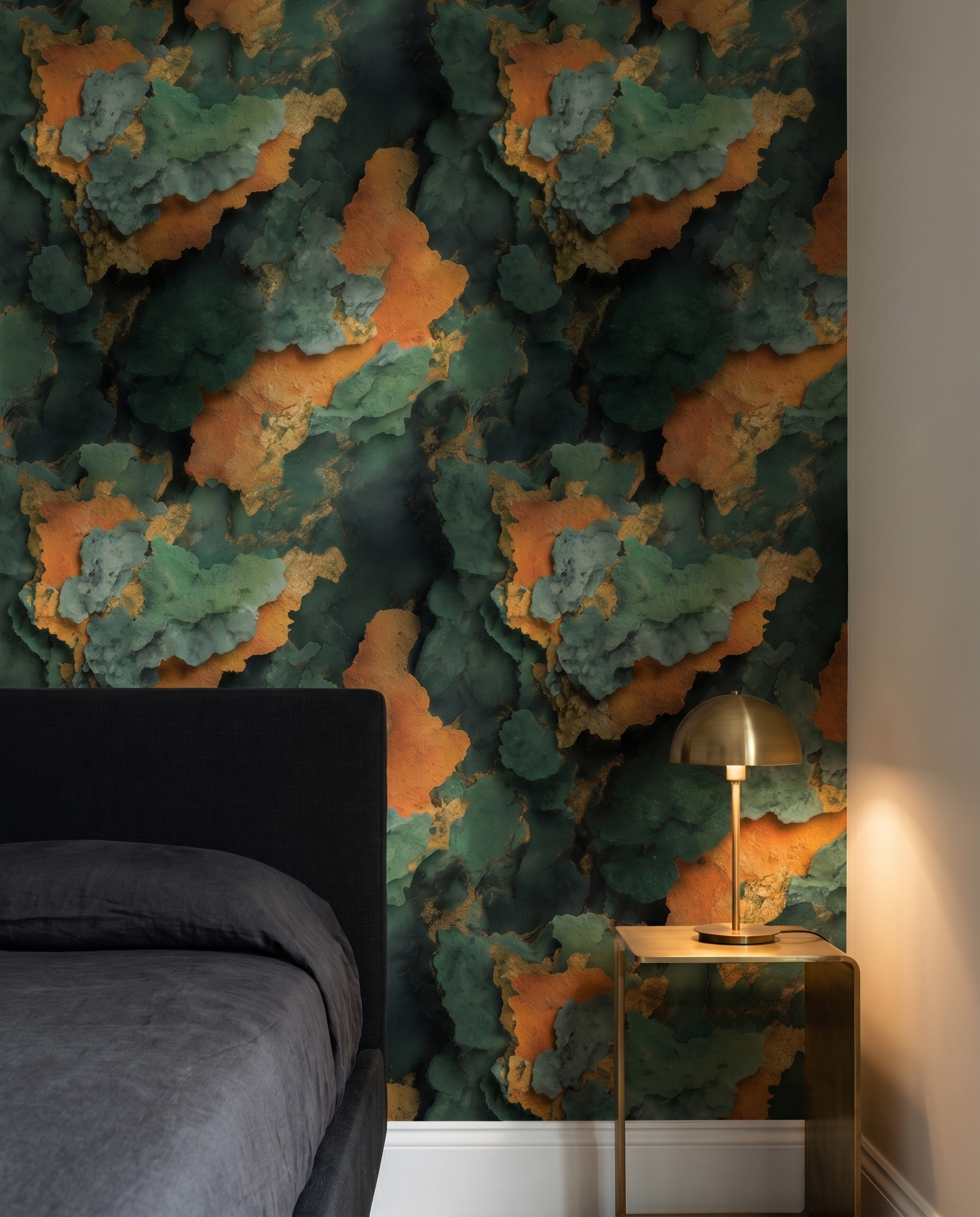 Abstract Textured Strata Wallpaper in Green and Gold, Contemporary Orange Wall Mural, Peel and Stick Wallpaper for a Dramatic Accent Wall