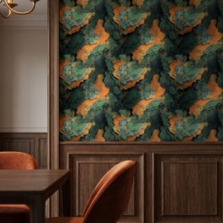 Abstract Textured Strata Wallpaper in Green and Gold, Contemporary Orange Wall Mural, Peel and Stick Wallpaper for a Dramatic Accent Wall