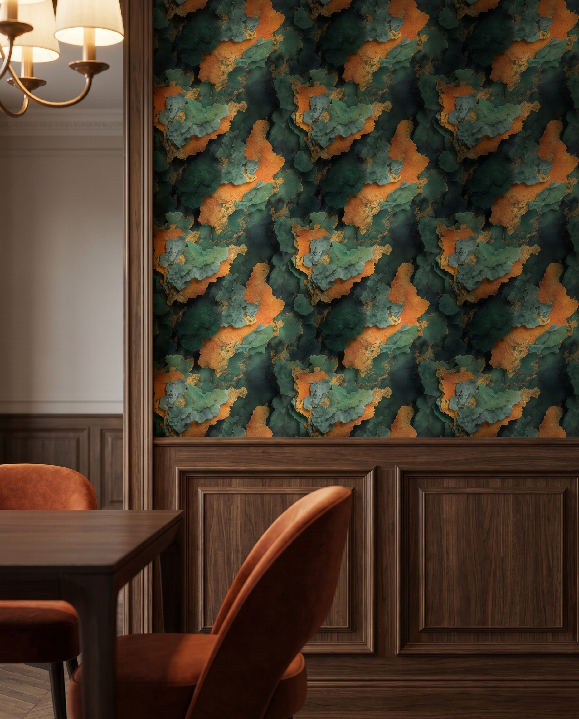 Abstract Textured Strata Wallpaper in Green and Gold, Contemporary Orange Wall Mural, Peel and Stick Wallpaper for a Dramatic Accent Wall