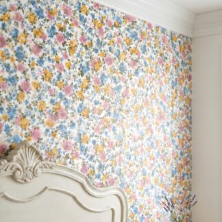 Vintage Floral Wallpaper in Pink, Blue, and Yellow, Watercolor Garden Peel and Stick Wallpaper for Nursery or Bedroom Accent Wall