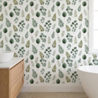 Eucalyptus and Fern Botanical Wallpaper in Sage Green, Minimalist Peel and Stick Wallpaper, Removable Mural for Bedroom Accent Wall