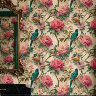 Chinoiserie Peony and Bird Wallpaper in Pink and Blue, Vintage Floral Peel and Stick Wallpaper, Removable Wall Mural for Bedroom Accent Wall