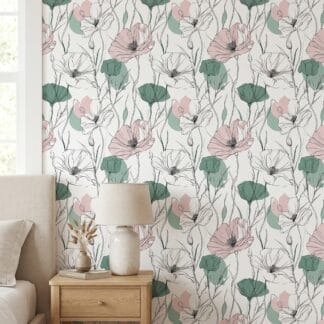 Poppy Line Art Wallpaper in Sage Green and Pink, Minimalist Floral Peel and Stick Wallpaper, Removable Mural for Bedroom Accent Wall