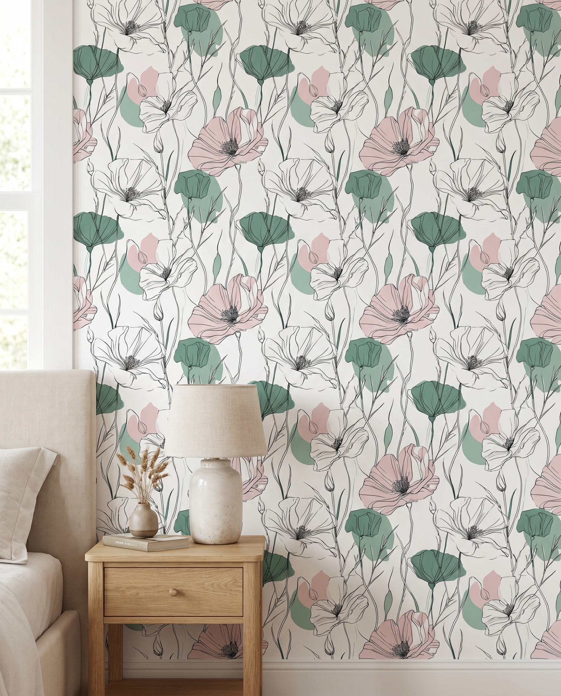 Poppy Line Art Wallpaper in Sage Green and Pink, Minimalist Floral Peel and Stick Wallpaper, Removable Mural for Bedroom Accent Wall