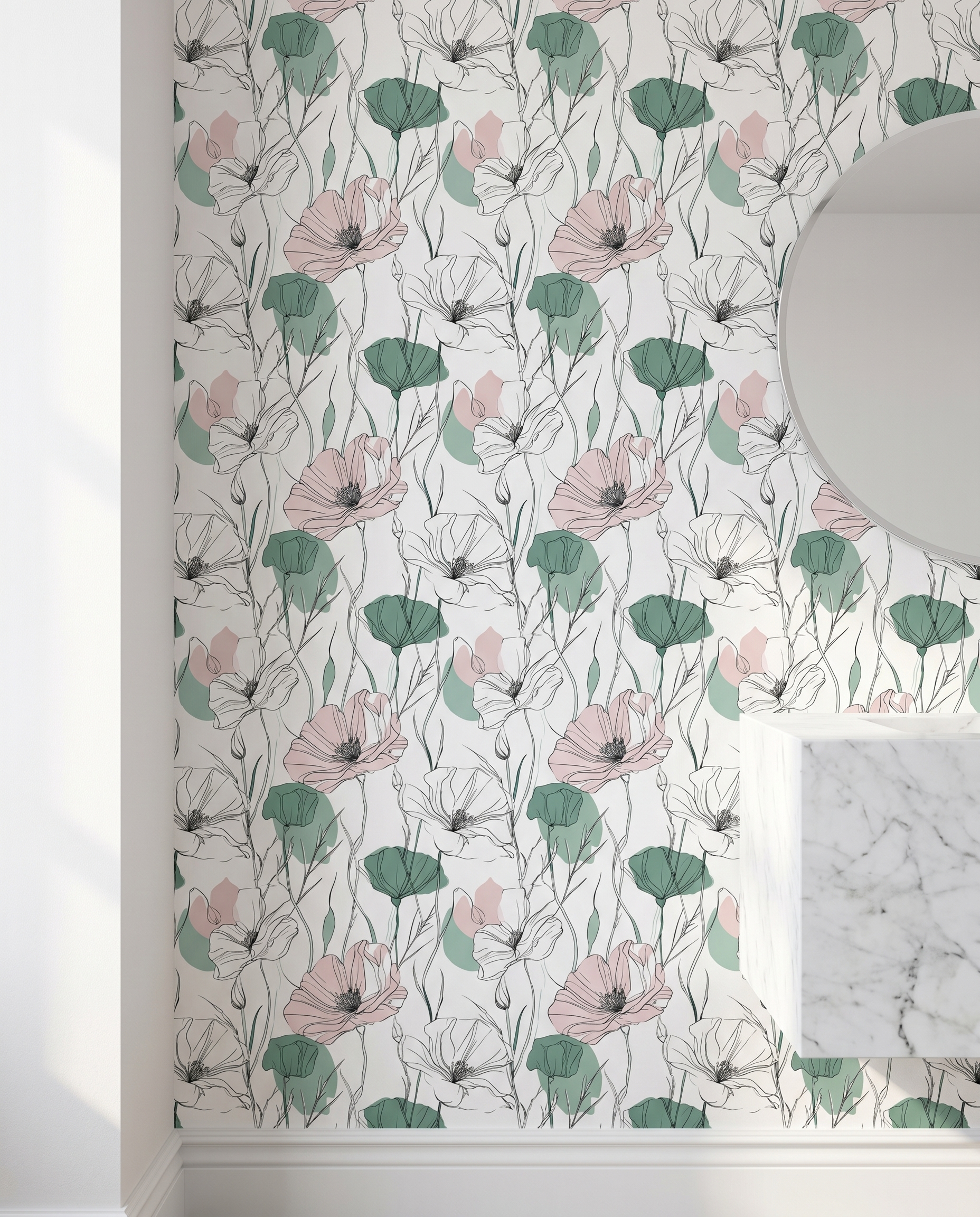 Poppy Line Art Wallpaper in Sage Green and Pink, Minimalist Floral Peel and Stick Wallpaper, Removable Mural for Bedroom Accent Wall