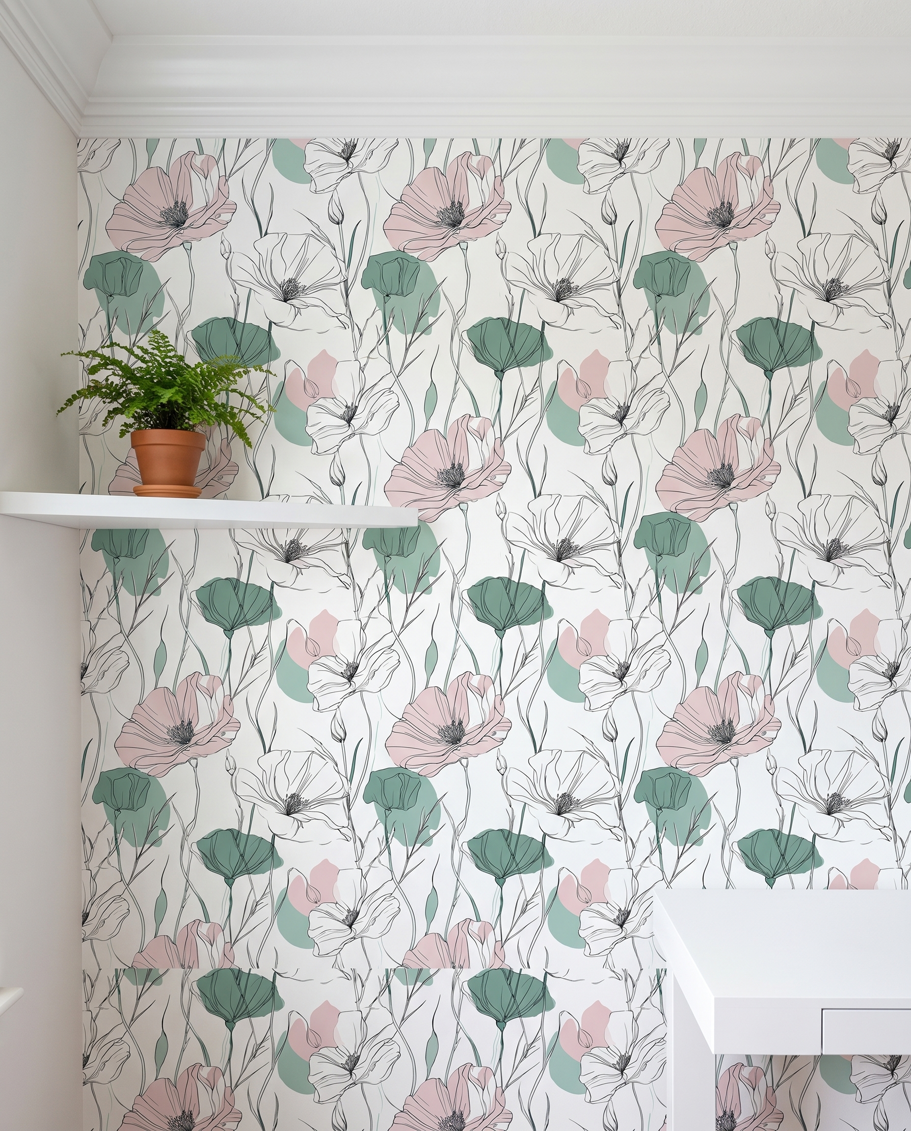 Poppy Line Art Wallpaper in Sage Green and Pink, Minimalist Floral Peel and Stick Wallpaper, Removable Mural for Bedroom Accent Wall