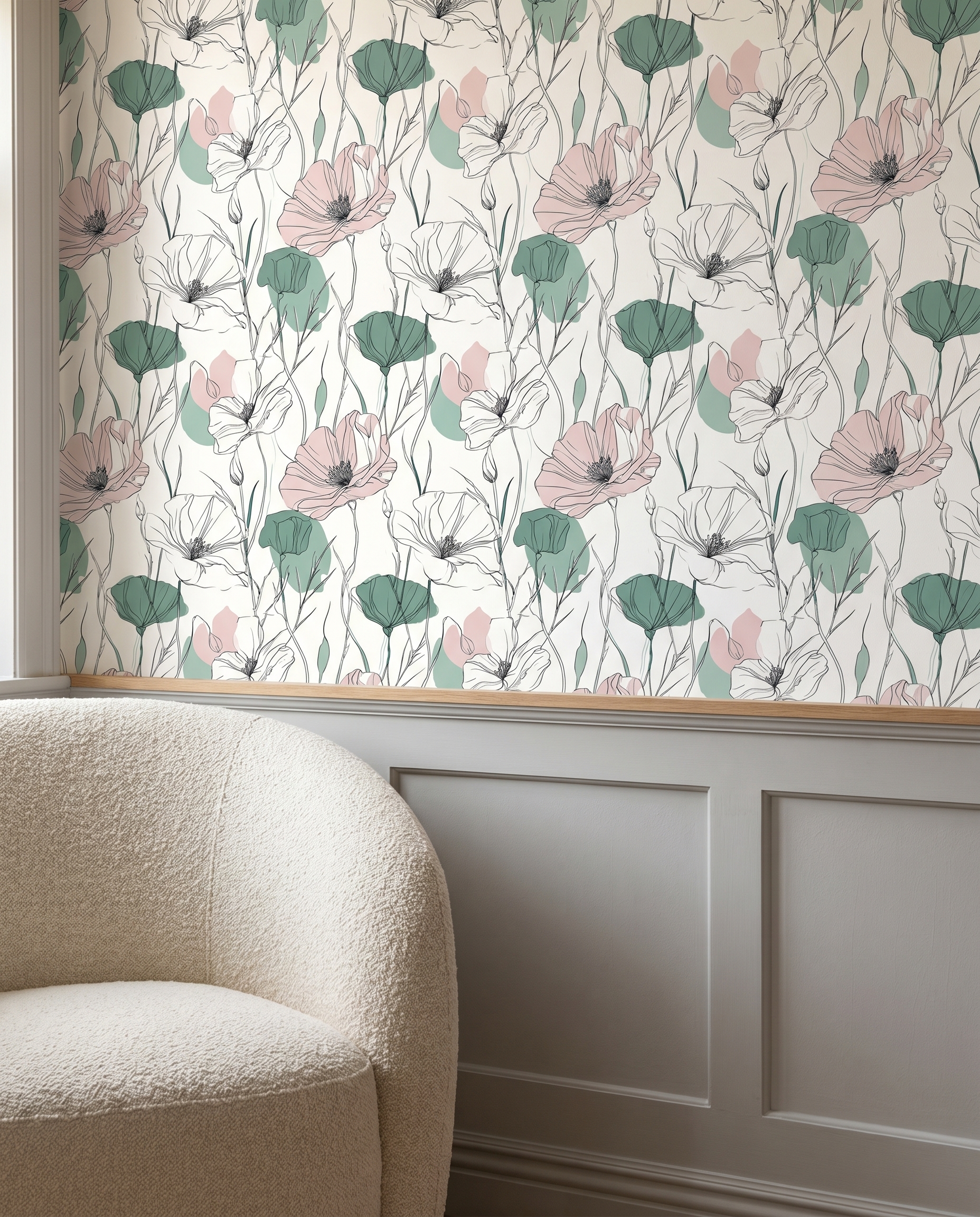 Poppy Line Art Wallpaper in Sage Green and Pink, Minimalist Floral Peel and Stick Wallpaper, Removable Mural for Bedroom Accent Wall