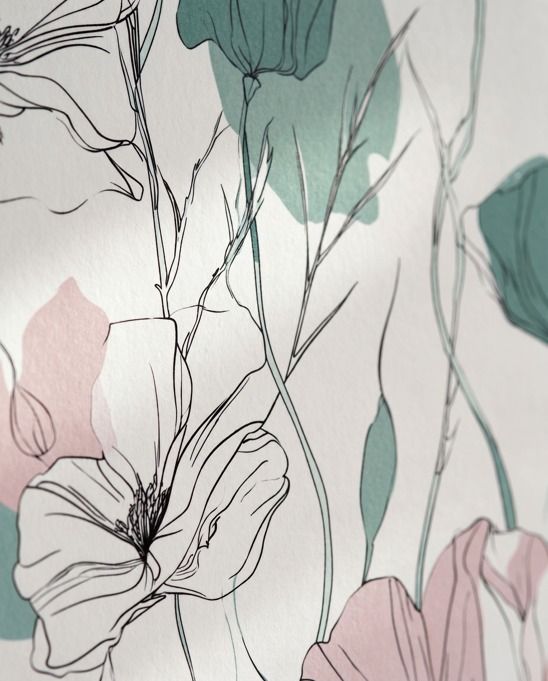 Poppy Line Art Wallpaper in Sage Green and Pink, Minimalist Floral Peel and Stick Wallpaper, Removable Mural for Bedroom Accent Wall